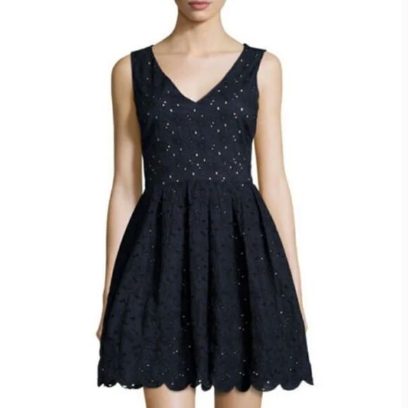 Karl Lagerfeld Navy Blue Cotton Eyelet Sleeveless V-Neck Summer Mini Dress - Picture 1 of 16